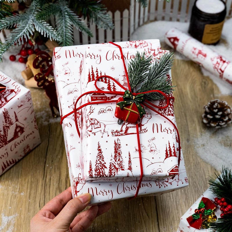 Yarcony Vintage Christmas Wrapping Paper, Christmas Toile Wrapping Paper Vintage Inspired Red with Classic Santa, Deer Design for Holiday, Gift Packaging, Winter Celebrations (17 Inch X 33 Feet) - Image 5